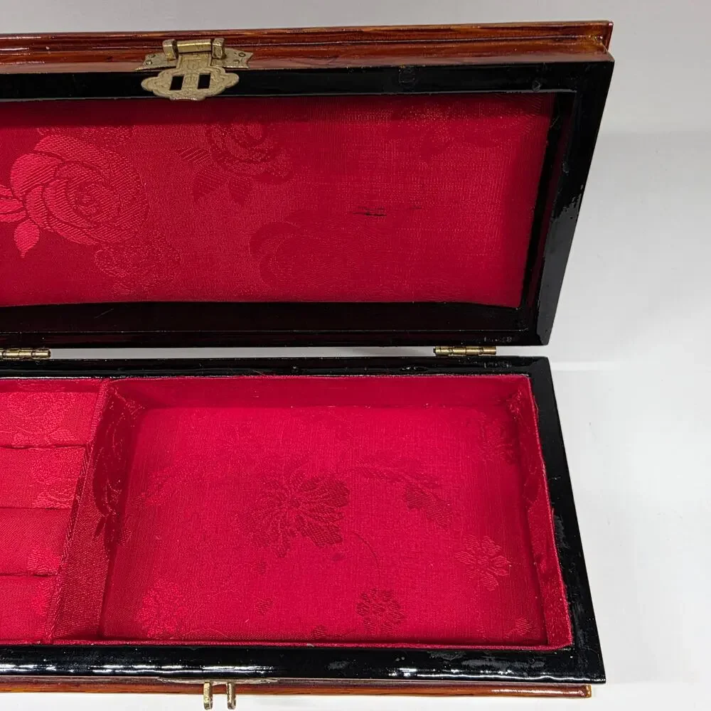 Vintage Chinese Wooden Jewelry Box Brass Hardware Jade Stone Inlay Red Lined